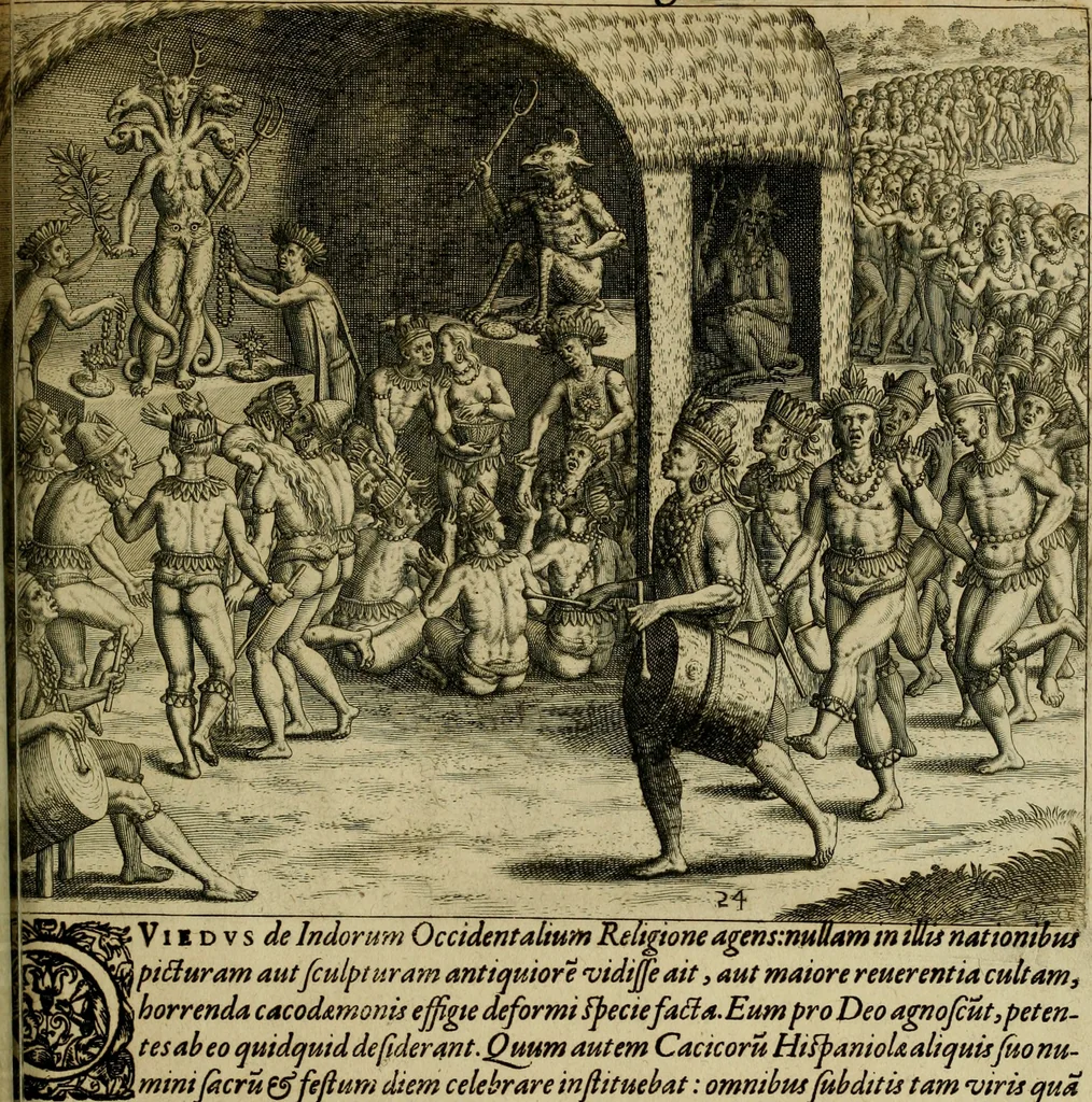 An illustration from Americae pars qvarta, siue, Insignis & admiranda historia de reperta primùm Occidentali India à Christophoro Columbo anno M. CCCCXCII, 1594, leaf 210
