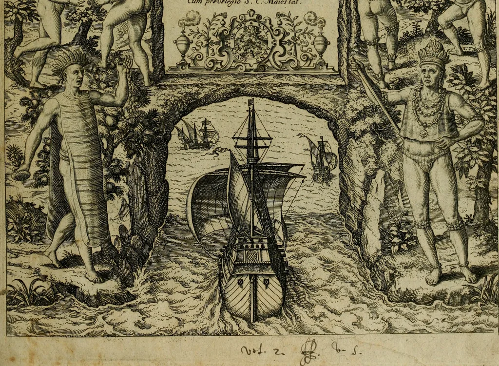 An illustration from Americae pars qvarta, siue, Insignis & admiranda historia de reperta primùm Occidentali India à Christophoro Columbo anno M. CCCCXCII, 1594, leaf 6