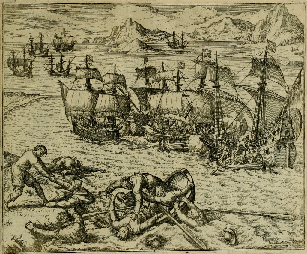 An illustration from Americae pars qvinta Nobilis & admiratione plena Hieronymi Bezoni Mediolanensis, secundae sectionis hiã. Hispanorum : tùm in Nigrittas seruos suos, tùm in Indos crudelitatem, Gallorumq pirataru de Hispanis toties reportata spolia : aduentu item Hispanoru in Nouam Indiæ continentis Hispaniam, eorumq contra incolas eius regionis sæuitiam explicans addita ad singula fere capita scholia, in quibus res Indiæ luculenter exponuntur : accessit præterea tabula chorographica nouæ Hispaniæ in India Occidentalj : ad invictis Rvdolph II ... omnia elegantibus figuris in aes incisis expressa, 1595, leaf 102