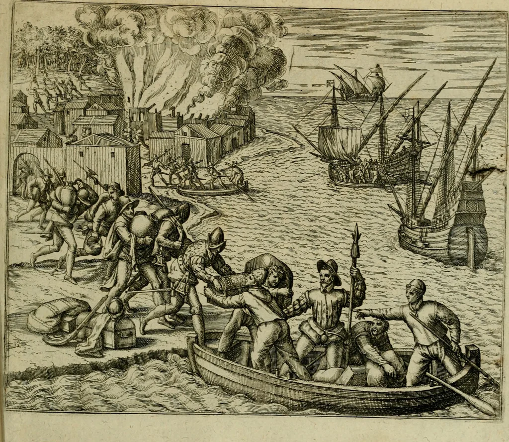 An illustration from Americae pars qvinta Nobilis & admiratione plena Hieronymi Bezoni Mediolanensis, secundae sectionis hiã. Hispanorum : tùm in Nigrittas seruos suos, tùm in Indos crudelitatem, Gallorumq pirataru de Hispanis toties reportata spolia : aduentu item Hispanoru in Nouam Indiæ continentis Hispaniam, eorumq contra incolas eius regionis sæuitiam explicans addita ad singula fere capita scholia, in quibus res Indiæ luculenter exponuntur : accessit præterea tabula chorographica nouæ Hispaniæ in India Occidentalj : ad invictis Rvdolph II ... omnia elegantibus figuris in aes incisis expressa, 1595, leaf 104