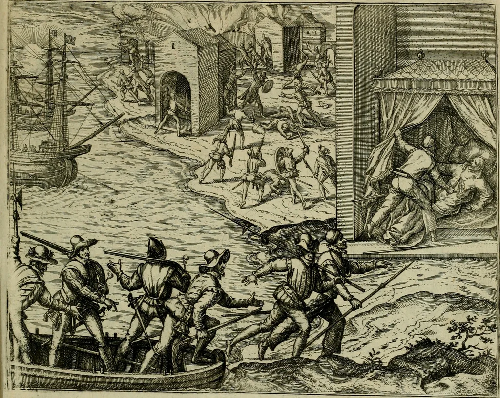 An illustration from Americae pars qvinta Nobilis & admiratione plena Hieronymi Bezoni Mediolanensis, secundae sectionis hiã. Hispanorum : tùm in Nigrittas seruos suos, tùm in Indos crudelitatem, Gallorumq pirataru de Hispanis toties reportata spolia : aduentu item Hispanoru in Nouam Indiæ continentis Hispaniam, eorumq contra incolas eius regionis sæuitiam explicans addita ad singula fere capita scholia, in quibus res Indiæ luculenter exponuntur : accessit præterea tabula chorographica nouæ Hispaniæ in India Occidentalj : ad invictis Rvdolph II ... omnia elegantibus figuris in aes incisis expressa, 1595, leaf 106