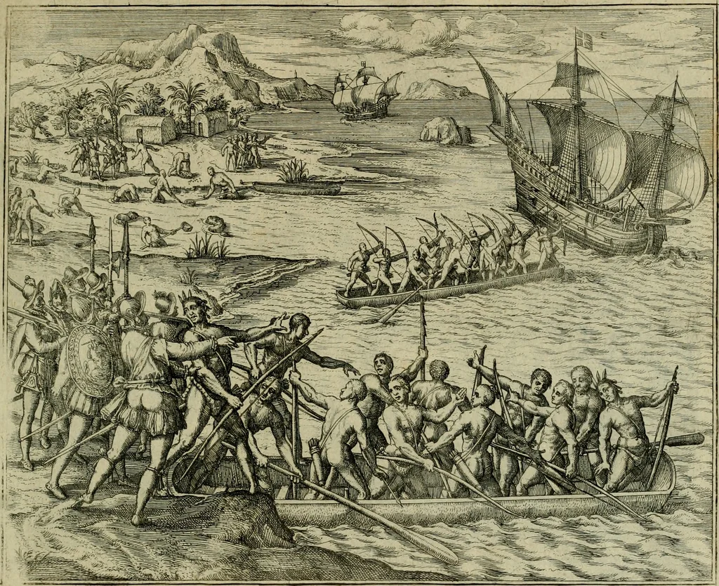 An illustration from Americae pars qvinta Nobilis & admiratione plena Hieronymi Bezoni Mediolanensis, secundae sectionis hiã. Hispanorum : tùm in Nigrittas seruos suos, tùm in Indos crudelitatem, Gallorumq pirataru de Hispanis toties reportata spolia : aduentu item Hispanoru in Nouam Indiæ continentis Hispaniam, eorumq contra incolas eius regionis sæuitiam explicans addita ad singula fere capita scholia, in quibus res Indiæ luculenter exponuntur : accessit præterea tabula chorographica nouæ Hispaniæ in India Occidentalj : ad invictis Rvdolph II ... omnia elegantibus figuris in aes incisis expressa, 1595, leaf 108
