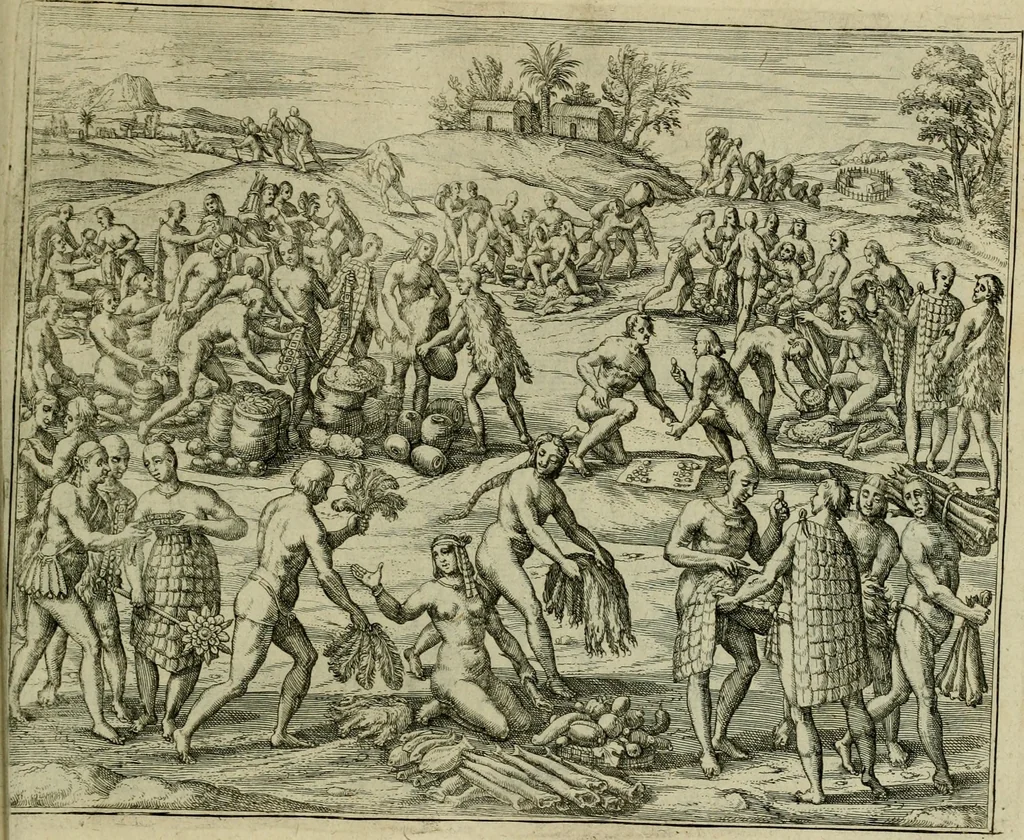 An illustration from Americae pars qvinta Nobilis & admiratione plena Hieronymi Bezoni Mediolanensis, secundae sectionis hiã. Hispanorum : tùm in Nigrittas seruos suos, tùm in Indos crudelitatem, Gallorumq pirataru de Hispanis toties reportata spolia : aduentu item Hispanoru in Nouam Indiæ continentis Hispaniam, eorumq contra incolas eius regionis sæuitiam explicans addita ad singula fere capita scholia, in quibus res Indiæ luculenter exponuntur : accessit præterea tabula chorographica nouæ Hispaniæ in India Occidentalj : ad invictis Rvdolph II ... omnia elegantibus figuris in aes incisis expressa, 1595, leaf 110