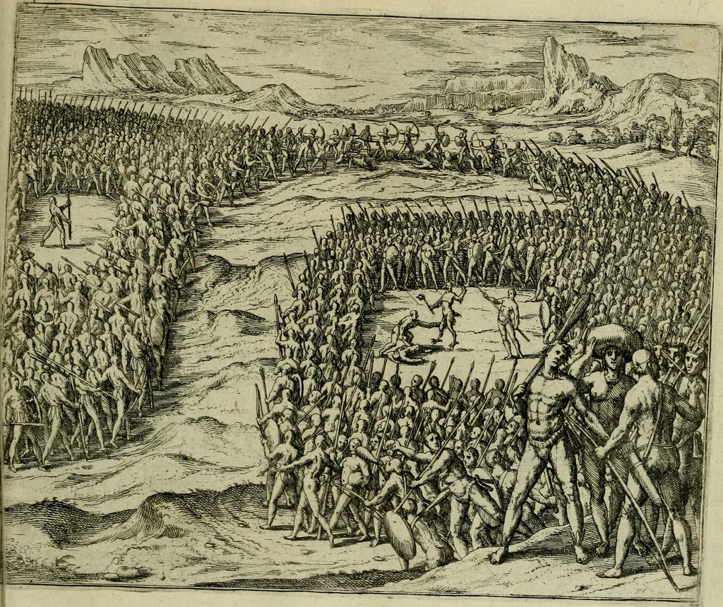 An illustration from Americae pars qvinta Nobilis & admiratione plena Hieronymi Bezoni Mediolanensis, secundae sectionis hiã. Hispanorum : tùm in Nigrittas seruos suos, tùm in Indos crudelitatem, Gallorumq pirataru de Hispanis toties reportata spolia : aduentu item Hispanoru in Nouam Indiæ continentis Hispaniam, eorumq contra incolas eius regionis sæuitiam explicans addita ad singula fere capita scholia, in quibus res Indiæ luculenter exponuntur : accessit præterea tabula chorographica nouæ Hispaniæ in India Occidentalj : ad invictis Rvdolph II ... omnia elegantibus figuris in aes incisis expressa, 1595, leaf 112