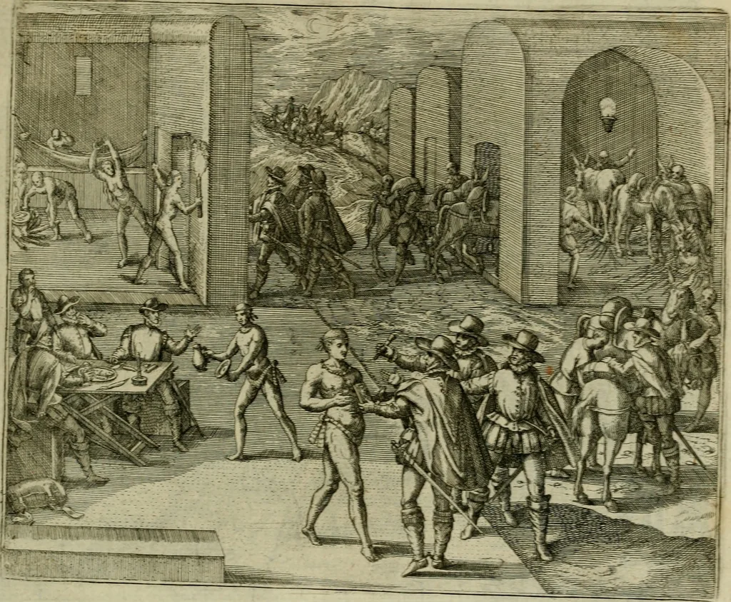 An illustration from Americae pars qvinta Nobilis & admiratione plena Hieronymi Bezoni Mediolanensis, secundae sectionis hiã. Hispanorum : tùm in Nigrittas seruos suos, tùm in Indos crudelitatem, Gallorumq pirataru de Hispanis toties reportata spolia : aduentu item Hispanoru in Nouam Indiæ continentis Hispaniam, eorumq contra incolas eius regionis sæuitiam explicans addita ad singula fere capita scholia, in quibus res Indiæ luculenter exponuntur : accessit præterea tabula chorographica nouæ Hispaniæ in India Occidentalj : ad invictis Rvdolph II ... omnia elegantibus figuris in aes incisis expressa, 1595, leaf 114