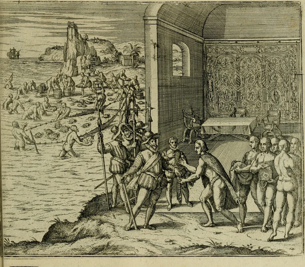 An illustration from Americae pars qvinta Nobilis & admiratione plena Hieronymi Bezoni Mediolanensis, secundae sectionis hiã. Hispanorum : tùm in Nigrittas seruos suos, tùm in Indos crudelitatem, Gallorumq pirataru de Hispanis toties reportata spolia : aduentu item Hispanoru in Nouam Indiæ continentis Hispaniam, eorumq contra incolas eius regionis sæuitiam explicans addita ad singula fere capita scholia, in quibus res Indiæ luculenter exponuntur : accessit præterea tabula chorographica nouæ Hispaniæ in India Occidentalj : ad invictis Rvdolph II ... omnia elegantibus figuris in aes incisis expressa, 1595, leaf 116
