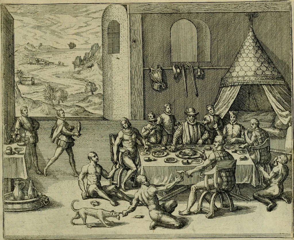 An illustration from Americae pars qvinta Nobilis & admiratione plena Hieronymi Bezoni Mediolanensis, secundae sectionis hiã. Hispanorum : tùm in Nigrittas seruos suos, tùm in Indos crudelitatem, Gallorumq pirataru de Hispanis toties reportata spolia : aduentu item Hispanoru in Nouam Indiæ continentis Hispaniam, eorumq contra incolas eius regionis sæuitiam explicans addita ad singula fere capita scholia, in quibus res Indiæ luculenter exponuntur : accessit præterea tabula chorographica nouæ Hispaniæ in India Occidentalj : ad invictis Rvdolph II ... omnia elegantibus figuris in aes incisis expressa, 1595, leaf 118