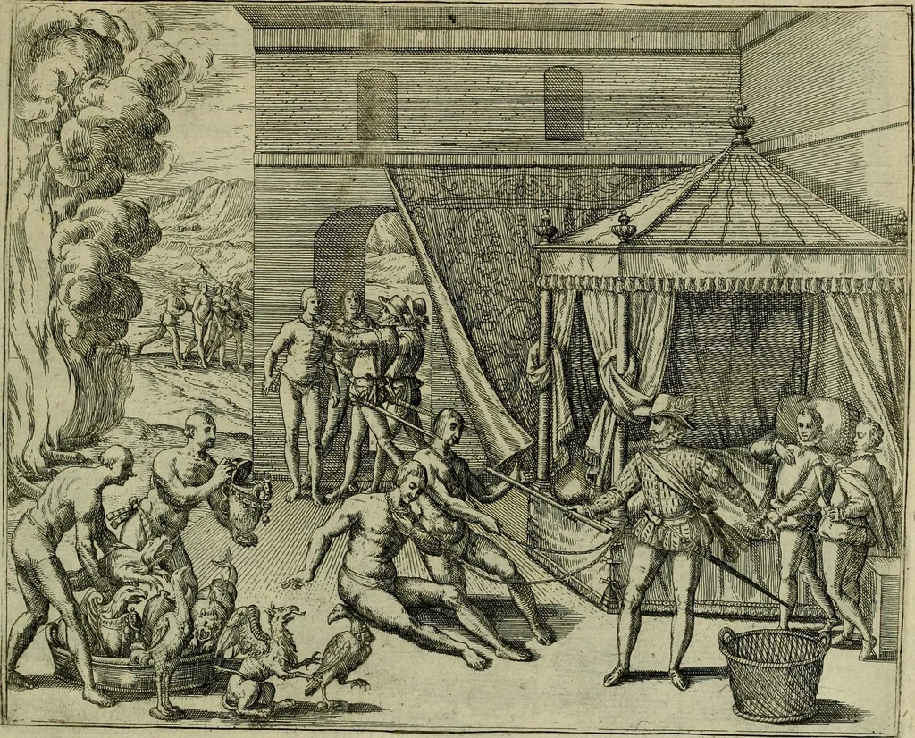 An illustration from Americae pars qvinta Nobilis & admiratione plena Hieronymi Bezoni Mediolanensis, secundae sectionis hiã. Hispanorum : tùm in Nigrittas seruos suos, tùm in Indos crudelitatem, Gallorumq pirataru de Hispanis toties reportata spolia : aduentu item Hispanoru in Nouam Indiæ continentis Hispaniam, eorumq contra incolas eius regionis sæuitiam explicans addita ad singula fere capita scholia, in quibus res Indiæ luculenter exponuntur : accessit præterea tabula chorographica nouæ Hispaniæ in India Occidentalj : ad invictis Rvdolph II ... omnia elegantibus figuris in aes incisis expressa, 1595, leaf 120