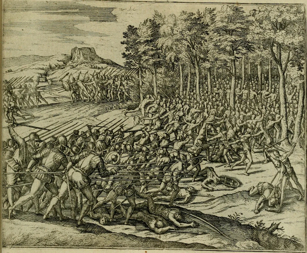 An illustration from Americae pars qvinta Nobilis & admiratione plena Hieronymi Bezoni Mediolanensis, secundae sectionis hiã. Hispanorum : tùm in Nigrittas seruos suos, tùm in Indos crudelitatem, Gallorumq pirataru de Hispanis toties reportata spolia : aduentu item Hispanoru in Nouam Indiæ continentis Hispaniam, eorumq contra incolas eius regionis sæuitiam explicans addita ad singula fere capita scholia, in quibus res Indiæ luculenter exponuntur : accessit præterea tabula chorographica nouæ Hispaniæ in India Occidentalj : ad invictis Rvdolph II ... omnia elegantibus figuris in aes incisis expressa, 1595, leaf 122