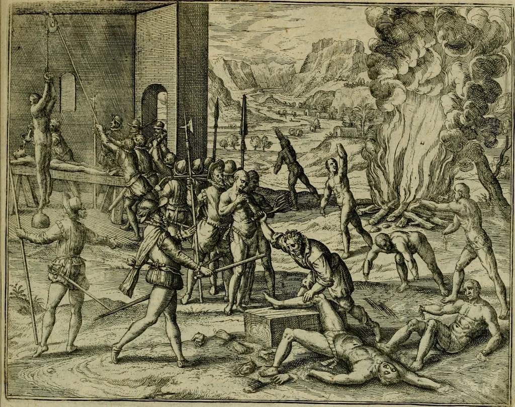 An illustration from Americae pars qvinta Nobilis & admiratione plena Hieronymi Bezoni Mediolanensis, secundae sectionis hiã. Hispanorum : tùm in Nigrittas seruos suos, tùm in Indos crudelitatem, Gallorumq pirataru de Hispanis toties reportata spolia : aduentu item Hispanoru in Nouam Indiæ continentis Hispaniam, eorumq contra incolas eius regionis sæuitiam explicans addita ad singula fere capita scholia, in quibus res Indiæ luculenter exponuntur : accessit præterea tabula chorographica nouæ Hispaniæ in India Occidentalj : ad invictis Rvdolph II ... omnia elegantibus figuris in aes incisis expressa, 1595, leaf 124