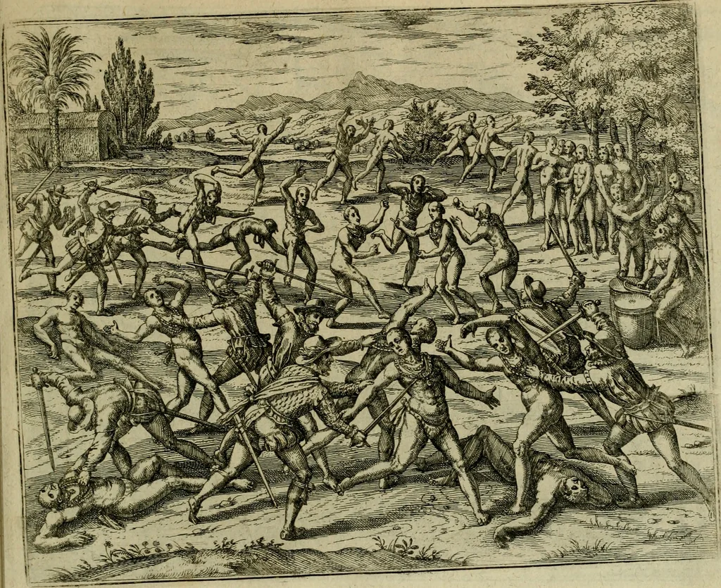 An illustration from Americae pars qvinta Nobilis & admiratione plena Hieronymi Bezoni Mediolanensis, secundae sectionis hiã. Hispanorum : tùm in Nigrittas seruos suos, tùm in Indos crudelitatem, Gallorumq pirataru de Hispanis toties reportata spolia : aduentu item Hispanoru in Nouam Indiæ continentis Hispaniam, eorumq contra incolas eius regionis sæuitiam explicans addita ad singula fere capita scholia, in quibus res Indiæ luculenter exponuntur : accessit præterea tabula chorographica nouæ Hispaniæ in India Occidentalj : ad invictis Rvdolph II ... omnia elegantibus figuris in aes incisis expressa, 1595, leaf 126