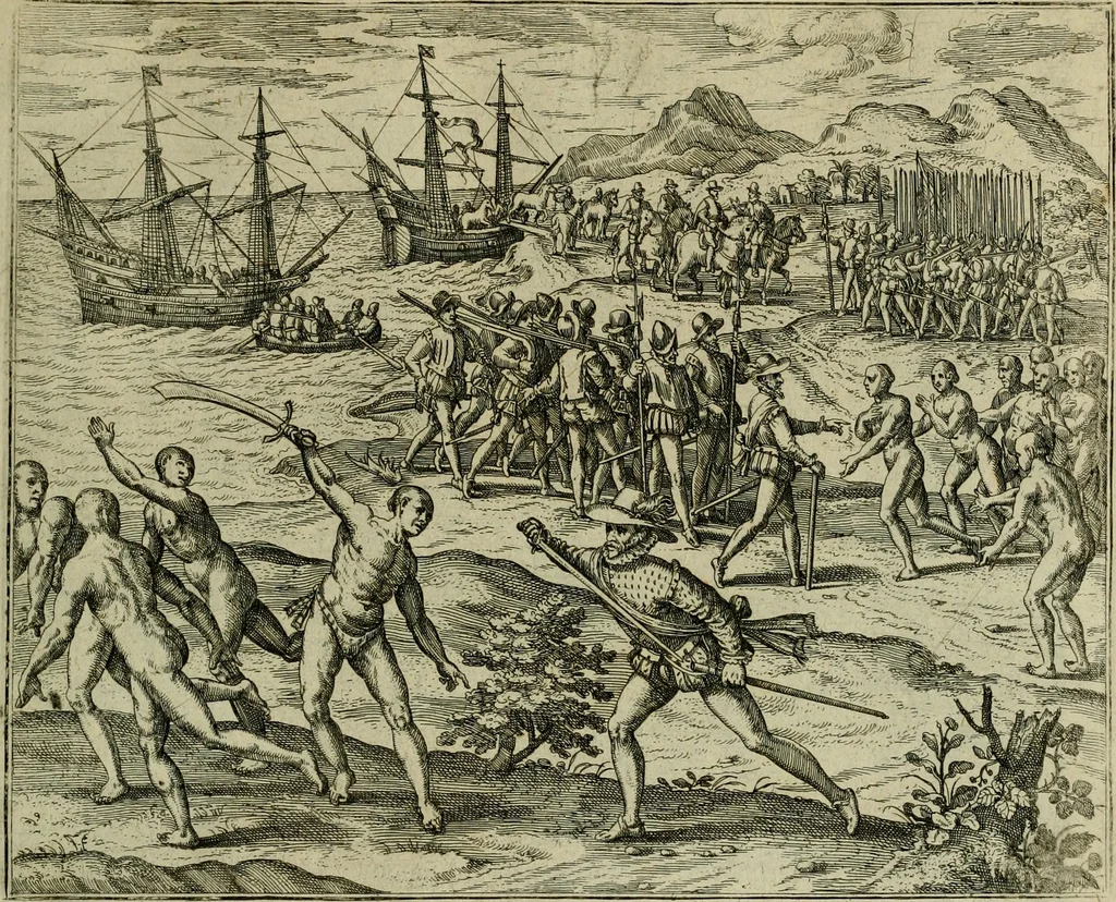 An illustration from Americae pars qvinta Nobilis & admiratione plena Hieronymi Bezoni Mediolanensis, secundae sectionis hiã. Hispanorum : tùm in Nigrittas seruos suos, tùm in Indos crudelitatem, Gallorumq pirataru de Hispanis toties reportata spolia : aduentu item Hispanoru in Nouam Indiæ continentis Hispaniam, eorumq contra incolas eius regionis sæuitiam explicans addita ad singula fere capita scholia, in quibus res Indiæ luculenter exponuntur : accessit præterea tabula chorographica nouæ Hispaniæ in India Occidentalj : ad invictis Rvdolph II ... omnia elegantibus figuris in aes incisis expressa, 1595, leaf 128