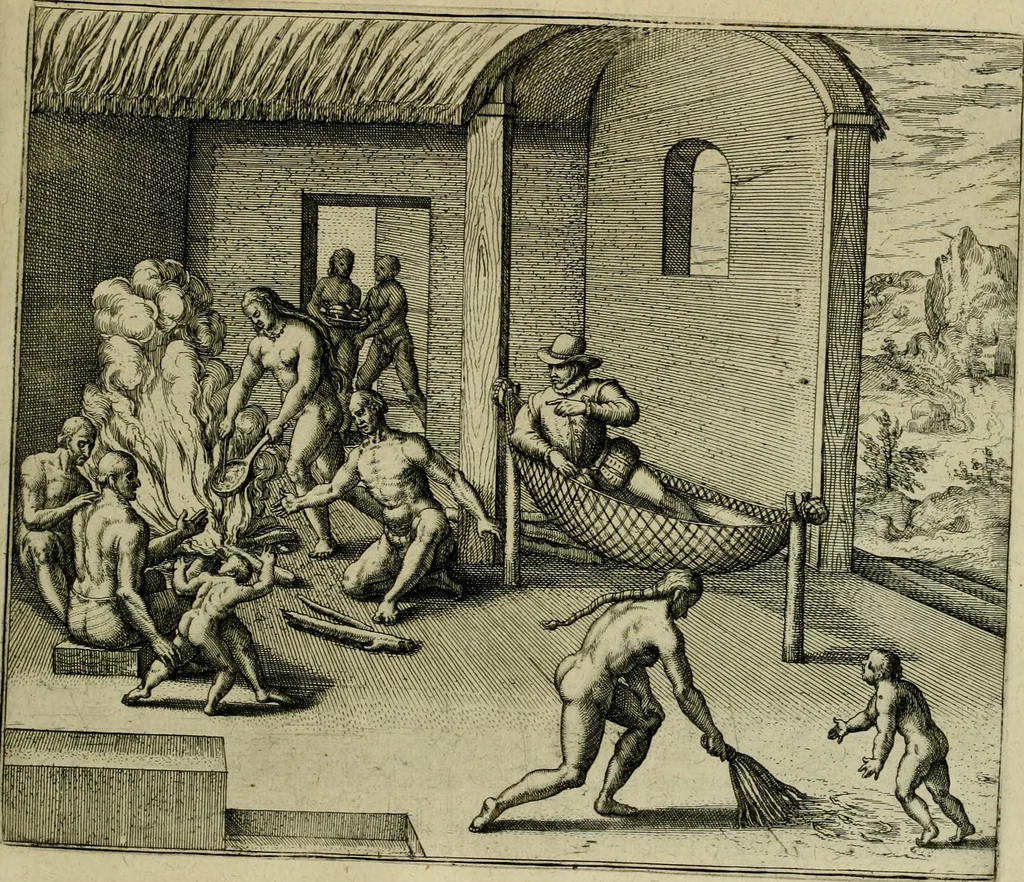 An illustration from Americae pars qvinta Nobilis & admiratione plena Hieronymi Bezoni Mediolanensis, secundae sectionis hiã. Hispanorum : tùm in Nigrittas seruos suos, tùm in Indos crudelitatem, Gallorumq pirataru de Hispanis toties reportata spolia : aduentu item Hispanoru in Nouam Indiæ continentis Hispaniam, eorumq contra incolas eius regionis sæuitiam explicans addita ad singula fere capita scholia, in quibus res Indiæ luculenter exponuntur : accessit præterea tabula chorographica nouæ Hispaniæ in India Occidentalj : ad invictis Rvdolph II ... omnia elegantibus figuris in aes incisis expressa, 1595, leaf 130