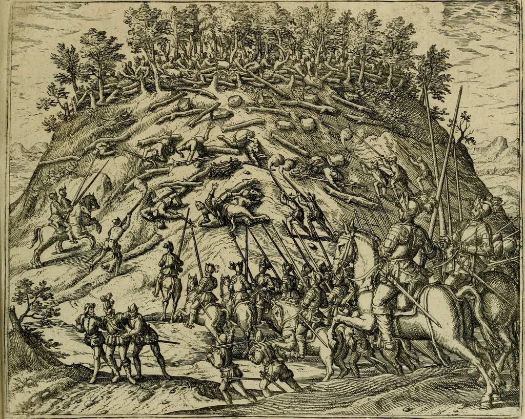 An illustration from Americae pars qvinta Nobilis & admiratione plena Hieronymi Bezoni Mediolanensis, secundae sectionis hiã. Hispanorum : tùm in Nigrittas seruos suos, tùm in Indos crudelitatem, Gallorumq pirataru de Hispanis toties reportata spolia : aduentu item Hispanoru in Nouam Indiæ continentis Hispaniam, eorumq contra incolas eius regionis sæuitiam explicans addita ad singula fere capita scholia, in quibus res Indiæ luculenter exponuntur : accessit præterea tabula chorographica nouæ Hispaniæ in India Occidentalj : ad invictis Rvdolph II ... omnia elegantibus figuris in aes incisis expressa, 1595, leaf 134