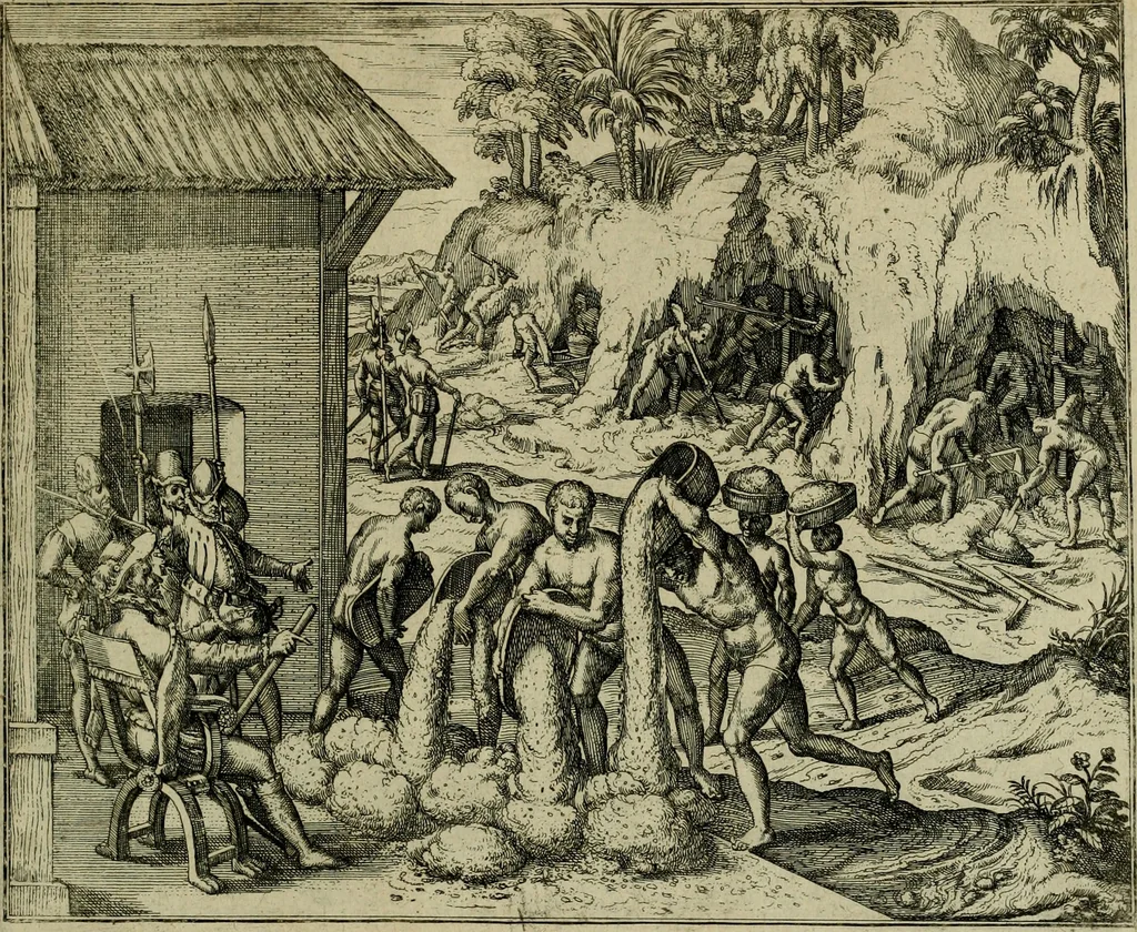 An illustration from Americae pars qvinta Nobilis & admiratione plena Hieronymi Bezoni Mediolanensis, secundae sectionis hiã. Hispanorum : tùm in Nigrittas seruos suos, tùm in Indos crudelitatem, Gallorumq pirataru de Hispanis toties reportata spolia : aduentu item Hispanoru in Nouam Indiæ continentis Hispaniam, eorumq contra incolas eius regionis sæuitiam explicans addita ad singula fere capita scholia, in quibus res Indiæ luculenter exponuntur : accessit præterea tabula chorographica nouæ Hispaniæ in India Occidentalj : ad invictis Rvdolph II ... omnia elegantibus figuris in aes incisis expressa, 1595, leaf 92