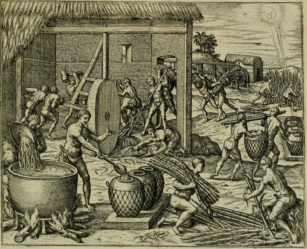 An illustration from Americae pars qvinta Nobilis & admiratione plena Hieronymi Bezoni Mediolanensis, secundae sectionis hiã. Hispanorum : tùm in Nigrittas seruos suos, tùm in Indos crudelitatem, Gallorumq pirataru de Hispanis toties reportata spolia : aduentu item Hispanoru in Nouam Indiæ continentis Hispaniam, eorumq contra incolas eius regionis sæuitiam explicans addita ad singula fere capita scholia, in quibus res Indiæ luculenter exponuntur : accessit præterea tabula chorographica nouæ Hispaniæ in India Occidentalj : ad invictis Rvdolph II ... omnia elegantibus figuris in aes incisis expressa, 1595, leaf 94