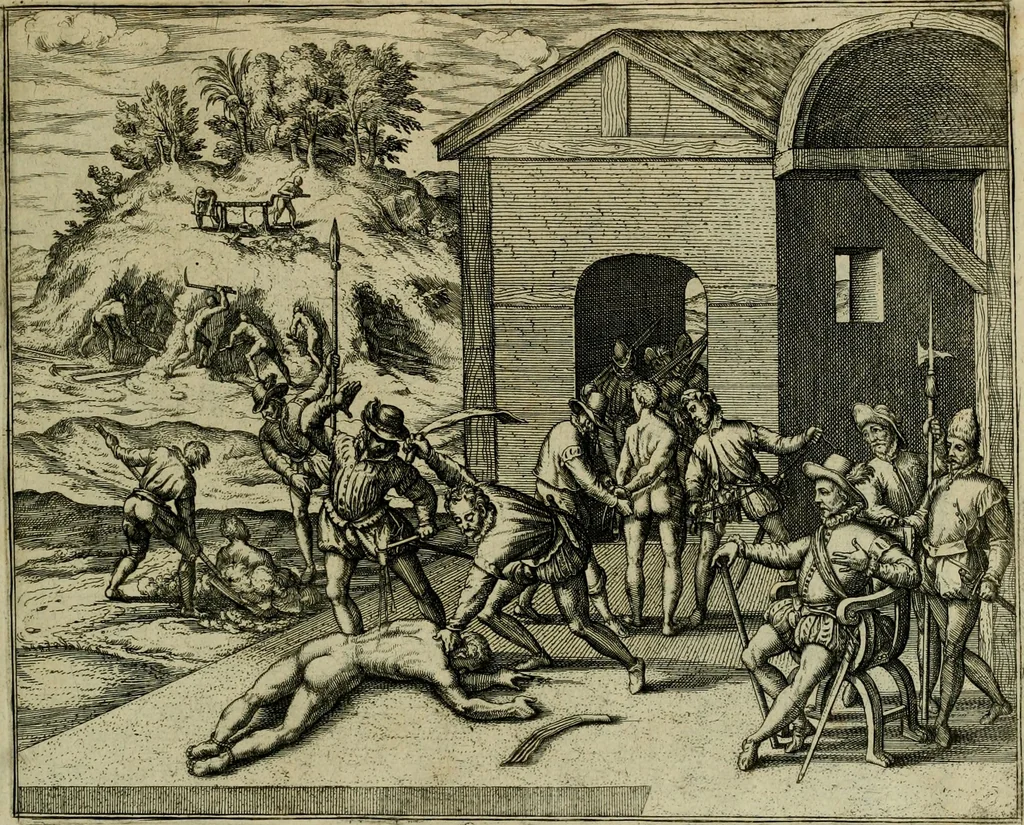 An illustration from Americae pars qvinta Nobilis & admiratione plena Hieronymi Bezoni Mediolanensis, secundae sectionis hiã. Hispanorum : tùm in Nigrittas seruos suos, tùm in Indos crudelitatem, Gallorumq pirataru de Hispanis toties reportata spolia : aduentu item Hispanoru in Nouam Indiæ continentis Hispaniam, eorumq contra incolas eius regionis sæuitiam explicans addita ad singula fere capita scholia, in quibus res Indiæ luculenter exponuntur : accessit præterea tabula chorographica nouæ Hispaniæ in India Occidentalj : ad invictis Rvdolph II ... omnia elegantibus figuris in aes incisis expressa, 1595, leaf 96