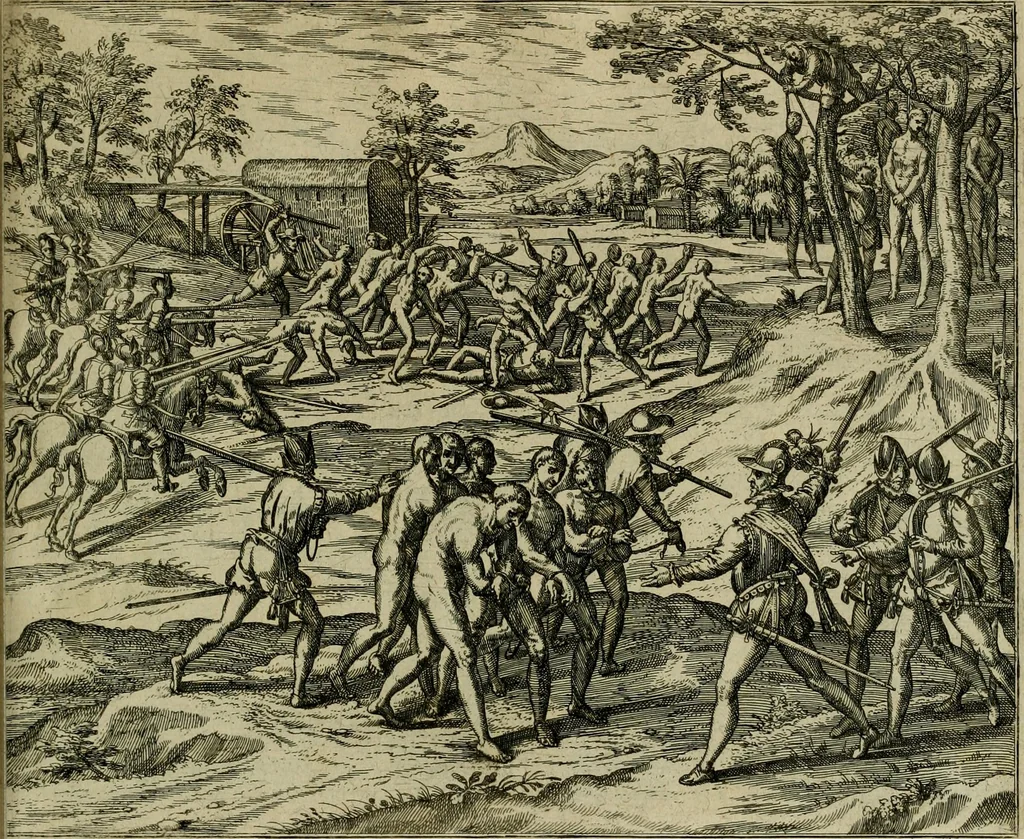 An illustration from Americae pars qvinta Nobilis & admiratione plena Hieronymi Bezoni Mediolanensis, secundae sectionis hiã. Hispanorum : tùm in Nigrittas seruos suos, tùm in Indos crudelitatem, Gallorumq pirataru de Hispanis toties reportata spolia : aduentu item Hispanoru in Nouam Indiæ continentis Hispaniam, eorumq contra incolas eius regionis sæuitiam explicans addita ad singula fere capita scholia, in quibus res Indiæ luculenter exponuntur : accessit præterea tabula chorographica nouæ Hispaniæ in India Occidentalj : ad invictis Rvdolph II ... omnia elegantibus figuris in aes incisis expressa, 1595, leaf 98