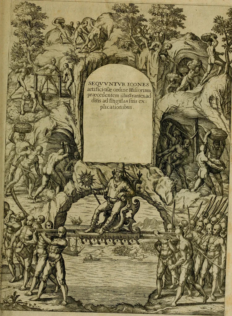 An illustration from Americae pars sexta, siue, Historiæ ab Hieronymo Bezono Mediolanese scriptæ, sectio tertia : res nõ minus nobiles & admiratione plenas continens, quàm præcedentes duæ : in hac enim reperies, qua ratione Hispani opuletissimas illas Peruäni regni prouincias occuparint, capto Rege Atabaliba : deide orta inter ipsos Hispanos in eo regno ciuilia bella : additus est breuis de fortunatis insulis cõmentariolus in duo capita distinctus : item additiones ad singula capita historiam illustrantes : accesit Perväni regni chorographica tabula ... : omnia elegantibus figuris in æs incisis expressa ;, 1596, leaf 110