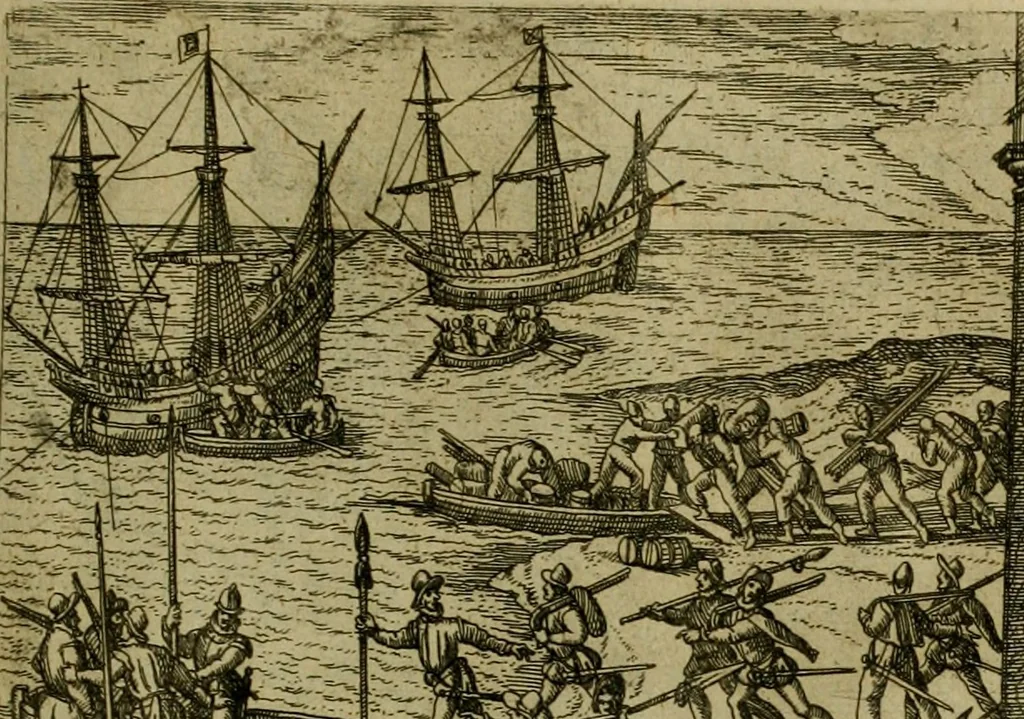 An illustration from Americae pars sexta, siue, Historiæ ab Hieronymo Bezono Mediolanese scriptæ, sectio tertia : res nõ minus nobiles & admiratione plenas continens, quàm præcedentes duæ : in hac enim reperies, qua ratione Hispani opuletissimas illas Peruäni regni prouincias occuparint, capto Rege Atabaliba : deide orta inter ipsos Hispanos in eo regno ciuilia bella : additus est breuis de fortunatis insulis cõmentariolus in duo capita distinctus : item additiones ad singula capita historiam illustrantes : accesit Perväni regni chorographica tabula ... : omnia elegantibus figuris in æs incisis expressa ;, 1596, leaf 112