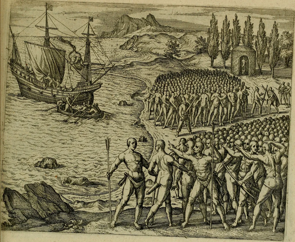 An illustration from Americae pars sexta, siue, Historiæ ab Hieronymo Bezono Mediolanese scriptæ, sectio tertia : res nõ minus nobiles & admiratione plenas continens, quàm præcedentes duæ : in hac enim reperies, qua ratione Hispani opuletissimas illas Peruäni regni prouincias occuparint, capto Rege Atabaliba : deide orta inter ipsos Hispanos in eo regno ciuilia bella : additus est breuis de fortunatis insulis cõmentariolus in duo capita distinctus : item additiones ad singula capita historiam illustrantes : accesit Perväni regni chorographica tabula ... : omnia elegantibus figuris in æs incisis expressa ;, 1596, leaf 114