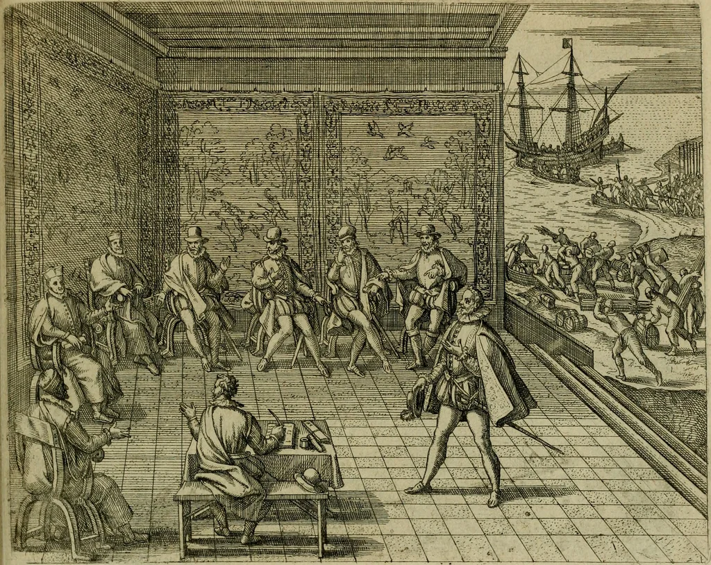An illustration from Americae pars sexta, siue, Historiæ ab Hieronymo Bezono Mediolanese scriptæ, sectio tertia : res nõ minus nobiles & admiratione plenas continens, quàm præcedentes duæ : in hac enim reperies, qua ratione Hispani opuletissimas illas Peruäni regni prouincias occuparint, capto Rege Atabaliba : deide orta inter ipsos Hispanos in eo regno ciuilia bella : additus est breuis de fortunatis insulis cõmentariolus in duo capita distinctus : item additiones ad singula capita historiam illustrantes : accesit Perväni regni chorographica tabula ... : omnia elegantibus figuris in æs incisis expressa ;, 1596, leaf 116