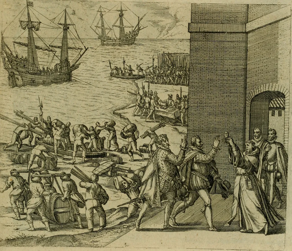 An illustration from Americae pars sexta, siue, Historiæ ab Hieronymo Bezono Mediolanese scriptæ, sectio tertia : res nõ minus nobiles & admiratione plenas continens, quàm præcedentes duæ : in hac enim reperies, qua ratione Hispani opuletissimas illas Peruäni regni prouincias occuparint, capto Rege Atabaliba : deide orta inter ipsos Hispanos in eo regno ciuilia bella : additus est breuis de fortunatis insulis cõmentariolus in duo capita distinctus : item additiones ad singula capita historiam illustrantes : accesit Perväni regni chorographica tabula ... : omnia elegantibus figuris in æs incisis expressa ;, 1596, leaf 118