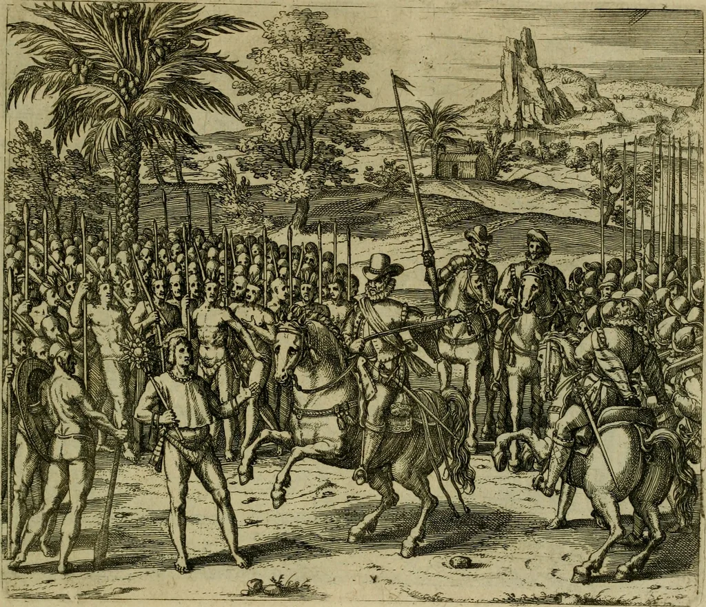An illustration from Americae pars sexta, siue, Historiæ ab Hieronymo Bezono Mediolanese scriptæ, sectio tertia : res nõ minus nobiles & admiratione plenas continens, quàm præcedentes duæ : in hac enim reperies, qua ratione Hispani opuletissimas illas Peruäni regni prouincias occuparint, capto Rege Atabaliba : deide orta inter ipsos Hispanos in eo regno ciuilia bella : additus est breuis de fortunatis insulis cõmentariolus in duo capita distinctus : item additiones ad singula capita historiam illustrantes : accesit Perväni regni chorographica tabula ... : omnia elegantibus figuris in æs incisis expressa ;, 1596, leaf 120