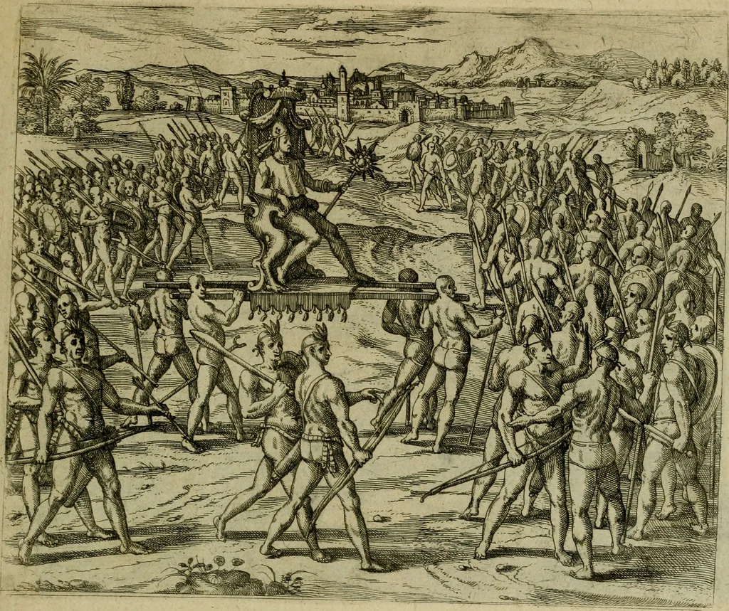 An illustration from Americae pars sexta, siue, Historiæ ab Hieronymo Bezono Mediolanese scriptæ, sectio tertia : res nõ minus nobiles & admiratione plenas continens, quàm præcedentes duæ : in hac enim reperies, qua ratione Hispani opuletissimas illas Peruäni regni prouincias occuparint, capto Rege Atabaliba : deide orta inter ipsos Hispanos in eo regno ciuilia bella : additus est breuis de fortunatis insulis cõmentariolus in duo capita distinctus : item additiones ad singula capita historiam illustrantes : accesit Perväni regni chorographica tabula ... : omnia elegantibus figuris in æs incisis expressa ;, 1596, leaf 122
