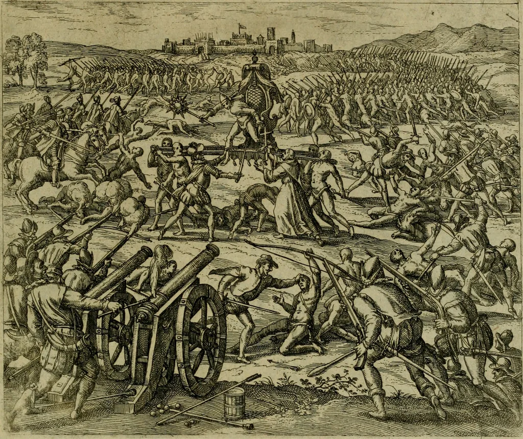 An illustration from Americae pars sexta, siue, Historiæ ab Hieronymo Bezono Mediolanese scriptæ, sectio tertia : res nõ minus nobiles & admiratione plenas continens, quàm præcedentes duæ : in hac enim reperies, qua ratione Hispani opuletissimas illas Peruäni regni prouincias occuparint, capto Rege Atabaliba : deide orta inter ipsos Hispanos in eo regno ciuilia bella : additus est breuis de fortunatis insulis cõmentariolus in duo capita distinctus : item additiones ad singula capita historiam illustrantes : accesit Perväni regni chorographica tabula ... : omnia elegantibus figuris in æs incisis expressa ;, 1596, leaf 124
