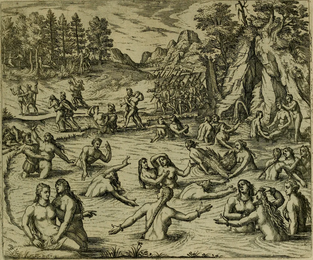 An illustration from Americae pars sexta, siue, Historiæ ab Hieronymo Bezono Mediolanese scriptæ, sectio tertia : res nõ minus nobiles & admiratione plenas continens, quàm præcedentes duæ : in hac enim reperies, qua ratione Hispani opuletissimas illas Peruäni regni prouincias occuparint, capto Rege Atabaliba : deide orta inter ipsos Hispanos in eo regno ciuilia bella : additus est breuis de fortunatis insulis cõmentariolus in duo capita distinctus : item additiones ad singula capita historiam illustrantes : accesit Perväni regni chorographica tabula ... : omnia elegantibus figuris in æs incisis expressa ;, 1596, leaf 126