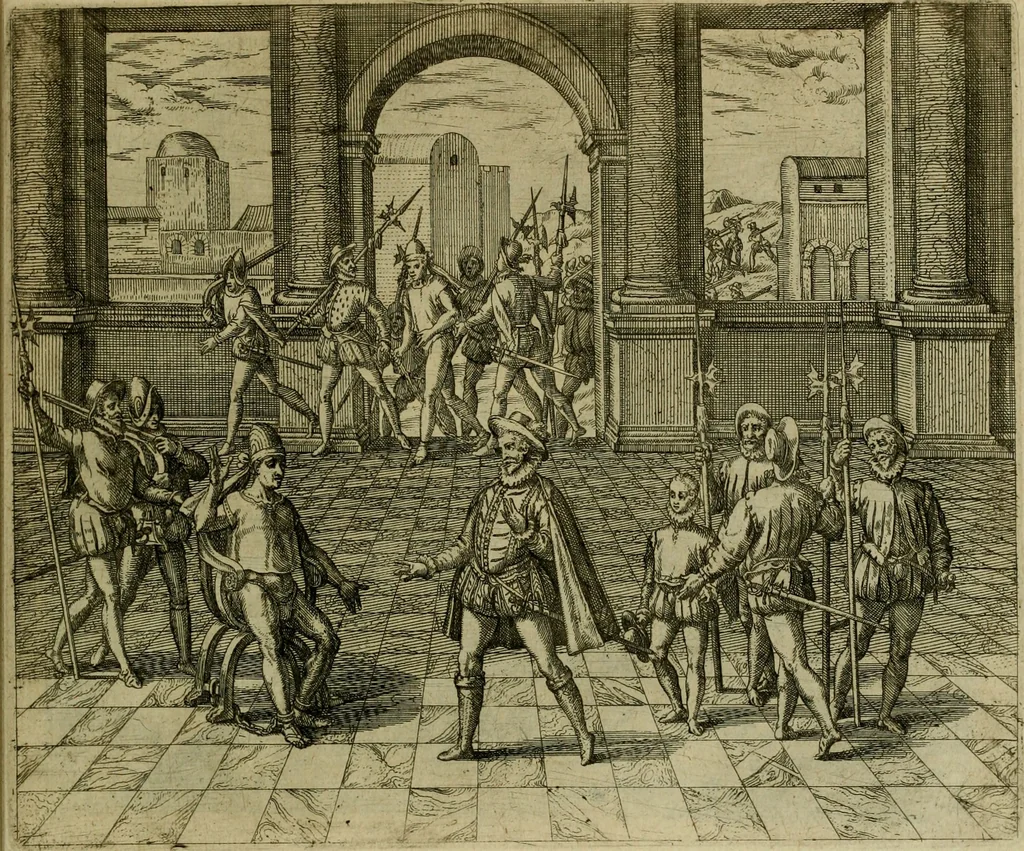 An illustration from Americae pars sexta, siue, Historiæ ab Hieronymo Bezono Mediolanese scriptæ, sectio tertia : res nõ minus nobiles & admiratione plenas continens, quàm præcedentes duæ : in hac enim reperies, qua ratione Hispani opuletissimas illas Peruäni regni prouincias occuparint, capto Rege Atabaliba : deide orta inter ipsos Hispanos in eo regno ciuilia bella : additus est breuis de fortunatis insulis cõmentariolus in duo capita distinctus : item additiones ad singula capita historiam illustrantes : accesit Perväni regni chorographica tabula ... : omnia elegantibus figuris in æs incisis expressa ;, 1596, leaf 128