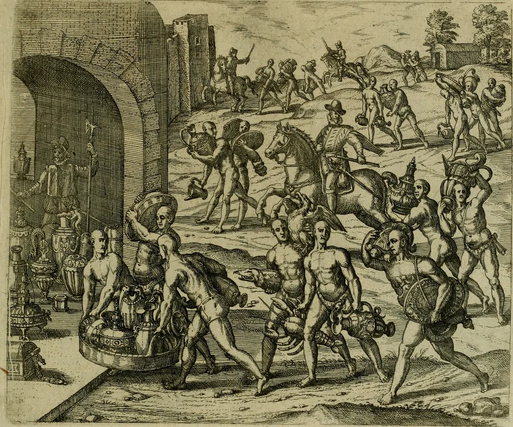 An illustration from Americae pars sexta, siue, Historiæ ab Hieronymo Bezono Mediolanese scriptæ, sectio tertia : res nõ minus nobiles & admiratione plenas continens, quàm præcedentes duæ : in hac enim reperies, qua ratione Hispani opuletissimas illas Peruäni regni prouincias occuparint, capto Rege Atabaliba : deide orta inter ipsos Hispanos in eo regno ciuilia bella : additus est breuis de fortunatis insulis cõmentariolus in duo capita distinctus : item additiones ad singula capita historiam illustrantes : accesit Perväni regni chorographica tabula ... : omnia elegantibus figuris in æs incisis expressa ;, 1596, leaf 130