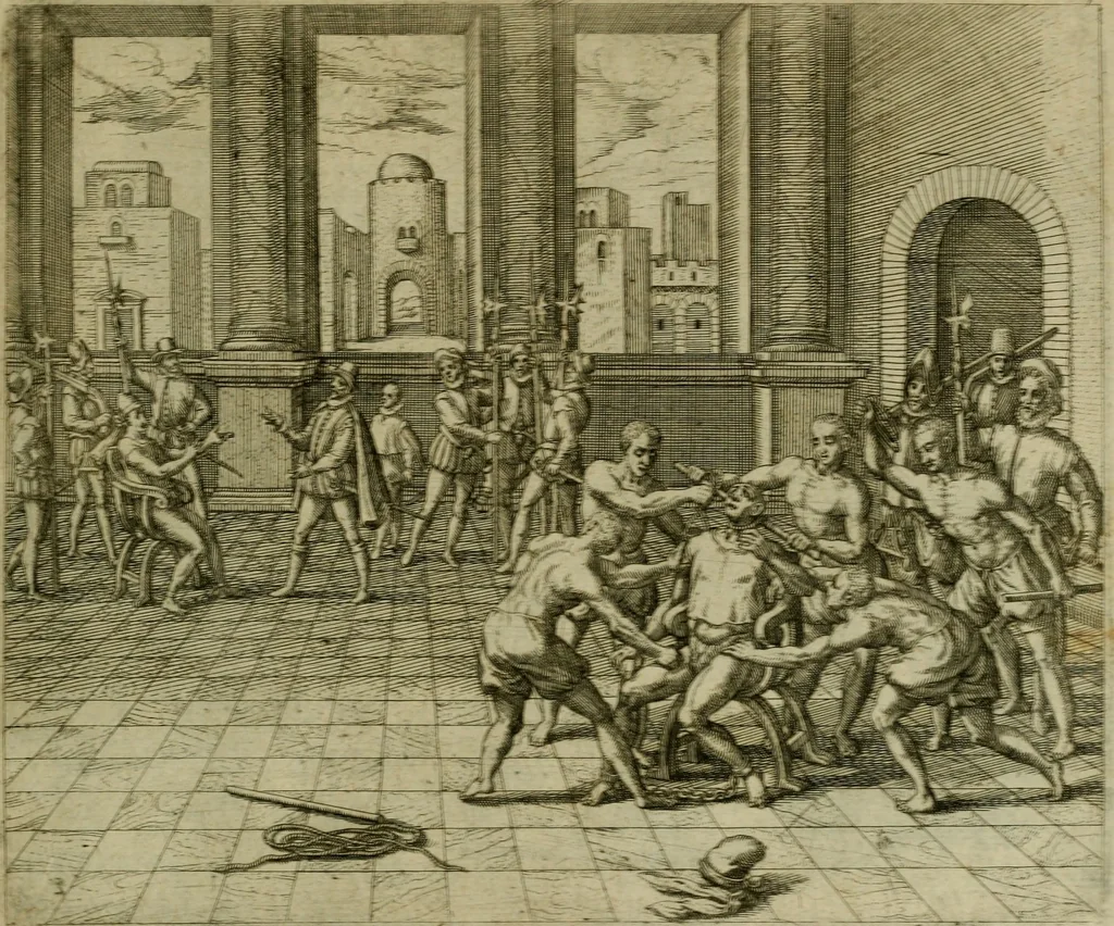 An illustration from Americae pars sexta, siue, Historiæ ab Hieronymo Bezono Mediolanese scriptæ, sectio tertia : res nõ minus nobiles & admiratione plenas continens, quàm præcedentes duæ : in hac enim reperies, qua ratione Hispani opuletissimas illas Peruäni regni prouincias occuparint, capto Rege Atabaliba : deide orta inter ipsos Hispanos in eo regno ciuilia bella : additus est breuis de fortunatis insulis cõmentariolus in duo capita distinctus : item additiones ad singula capita historiam illustrantes : accesit Perväni regni chorographica tabula ... : omnia elegantibus figuris in æs incisis expressa ;, 1596, leaf 132