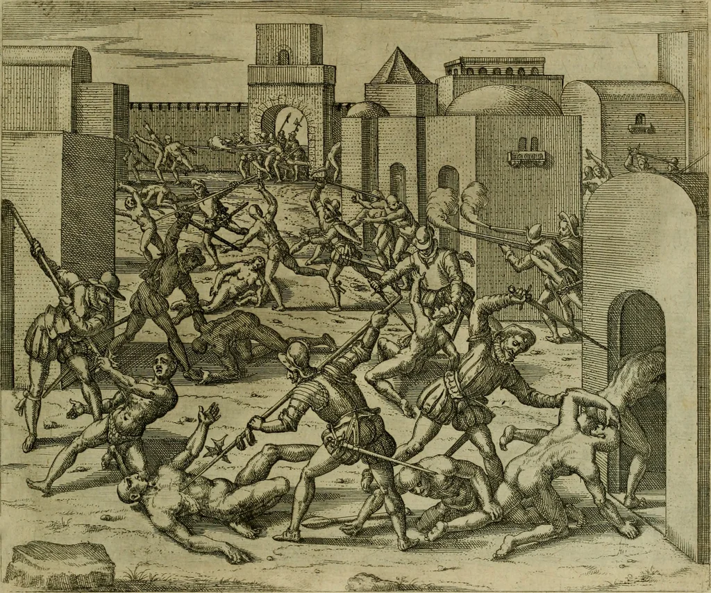An illustration from Americae pars sexta, siue, Historiæ ab Hieronymo Bezono Mediolanese scriptæ, sectio tertia : res nõ minus nobiles & admiratione plenas continens, quàm præcedentes duæ : in hac enim reperies, qua ratione Hispani opuletissimas illas Peruäni regni prouincias occuparint, capto Rege Atabaliba : deide orta inter ipsos Hispanos in eo regno ciuilia bella : additus est breuis de fortunatis insulis cõmentariolus in duo capita distinctus : item additiones ad singula capita historiam illustrantes : accesit Perväni regni chorographica tabula ... : omnia elegantibus figuris in æs incisis expressa ;, 1596, leaf 134