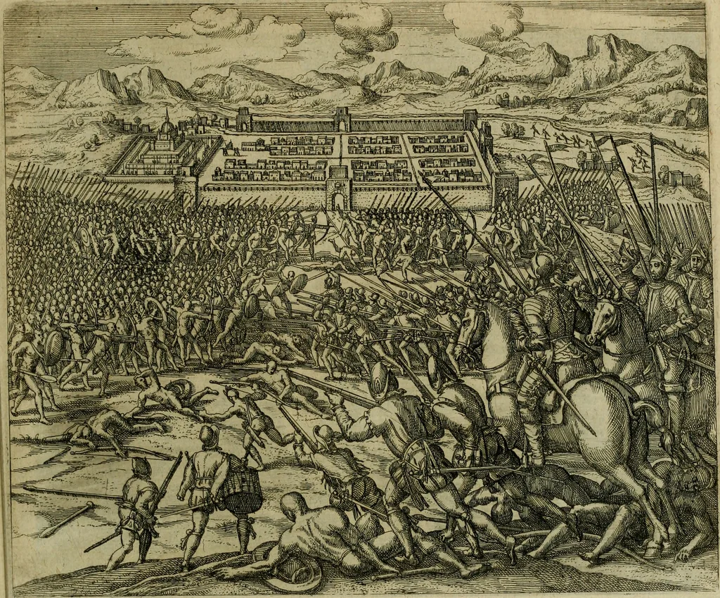 An illustration from Americae pars sexta, siue, Historiæ ab Hieronymo Bezono Mediolanese scriptæ, sectio tertia : res nõ minus nobiles & admiratione plenas continens, quàm præcedentes duæ : in hac enim reperies, qua ratione Hispani opuletissimas illas Peruäni regni prouincias occuparint, capto Rege Atabaliba : deide orta inter ipsos Hispanos in eo regno ciuilia bella : additus est breuis de fortunatis insulis cõmentariolus in duo capita distinctus : item additiones ad singula capita historiam illustrantes : accesit Perväni regni chorographica tabula ... : omnia elegantibus figuris in æs incisis expressa ;, 1596, leaf 136