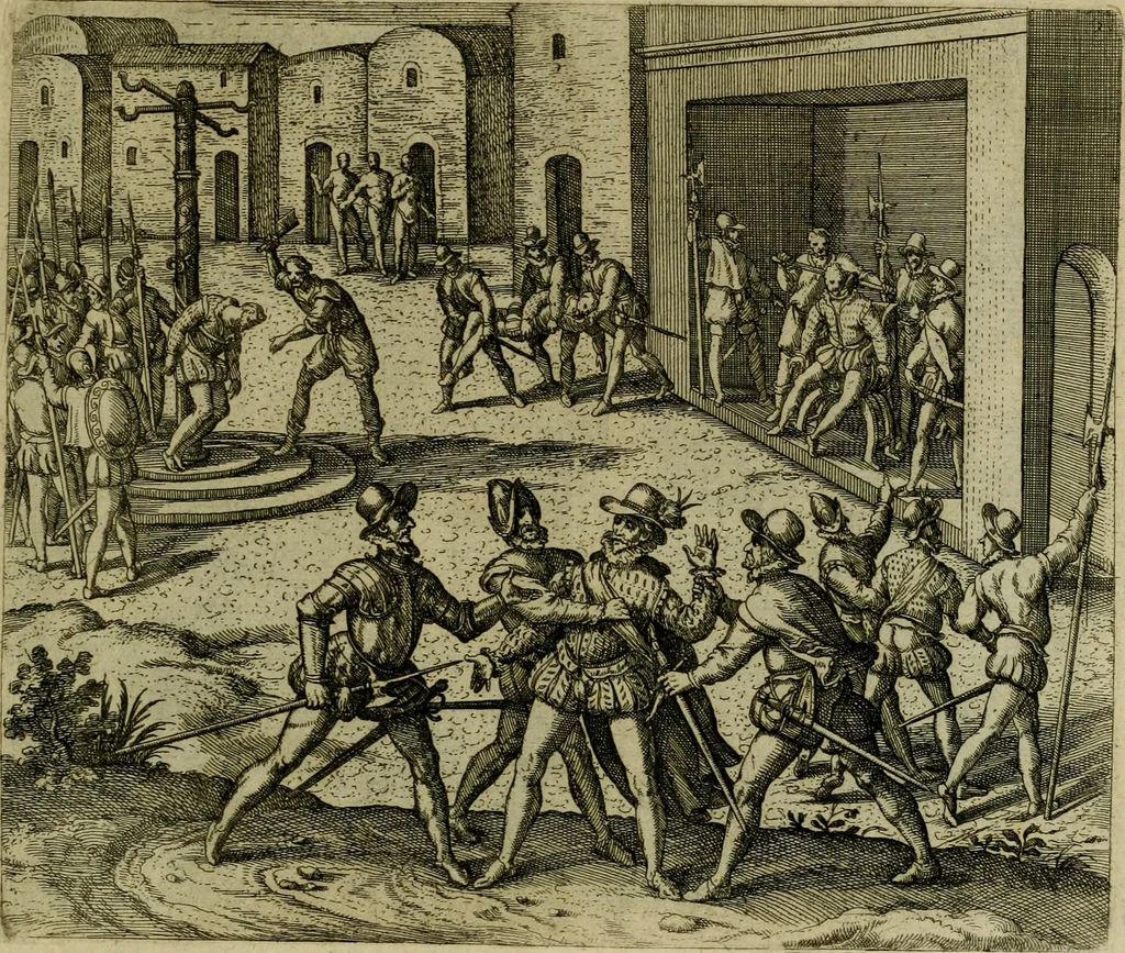 An illustration from Americae pars sexta, siue, Historiæ ab Hieronymo Bezono Mediolanese scriptæ, sectio tertia : res nõ minus nobiles & admiratione plenas continens, quàm præcedentes duæ : in hac enim reperies, qua ratione Hispani opuletissimas illas Peruäni regni prouincias occuparint, capto Rege Atabaliba : deide orta inter ipsos Hispanos in eo regno ciuilia bella : additus est breuis de fortunatis insulis cõmentariolus in duo capita distinctus : item additiones ad singula capita historiam illustrantes : accesit Perväni regni chorographica tabula ... : omnia elegantibus figuris in æs incisis expressa ;, 1596, leaf 138