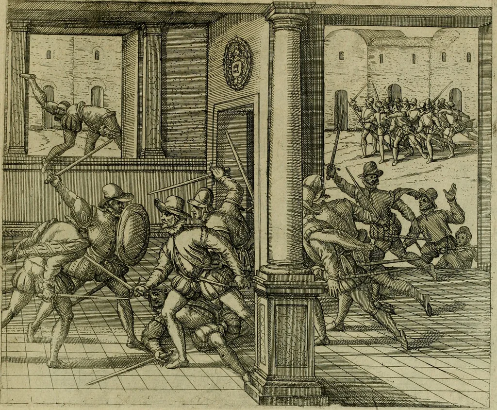 An illustration from Americae pars sexta, siue, Historiæ ab Hieronymo Bezono Mediolanese scriptæ, sectio tertia : res nõ minus nobiles & admiratione plenas continens, quàm præcedentes duæ : in hac enim reperies, qua ratione Hispani opuletissimas illas Peruäni regni prouincias occuparint, capto Rege Atabaliba : deide orta inter ipsos Hispanos in eo regno ciuilia bella : additus est breuis de fortunatis insulis cõmentariolus in duo capita distinctus : item additiones ad singula capita historiam illustrantes : accesit Perväni regni chorographica tabula ... : omnia elegantibus figuris in æs incisis expressa ;, 1596, leaf 140