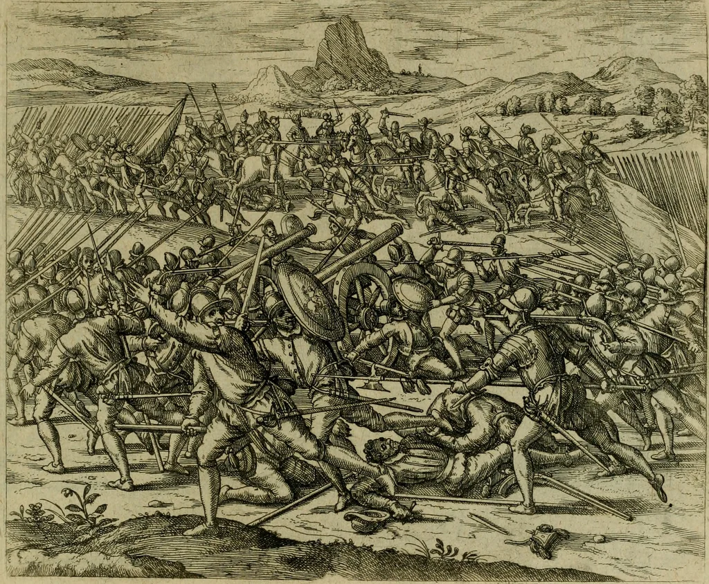 An illustration from Americae pars sexta, siue, Historiæ ab Hieronymo Bezono Mediolanese scriptæ, sectio tertia : res nõ minus nobiles & admiratione plenas continens, quàm præcedentes duæ : in hac enim reperies, qua ratione Hispani opuletissimas illas Peruäni regni prouincias occuparint, capto Rege Atabaliba : deide orta inter ipsos Hispanos in eo regno ciuilia bella : additus est breuis de fortunatis insulis cõmentariolus in duo capita distinctus : item additiones ad singula capita historiam illustrantes : accesit Perväni regni chorographica tabula ... : omnia elegantibus figuris in æs incisis expressa ;, 1596, leaf 142