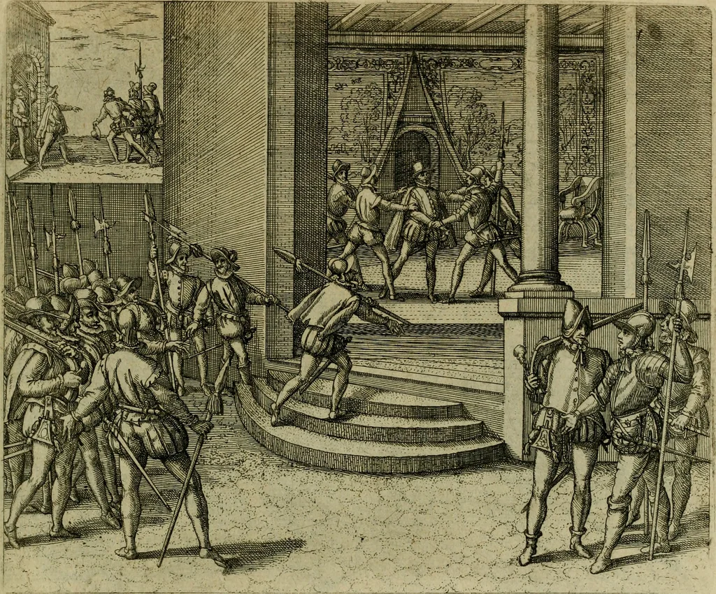 An illustration from Americae pars sexta, siue, Historiæ ab Hieronymo Bezono Mediolanese scriptæ, sectio tertia : res nõ minus nobiles & admiratione plenas continens, quàm præcedentes duæ : in hac enim reperies, qua ratione Hispani opuletissimas illas Peruäni regni prouincias occuparint, capto Rege Atabaliba : deide orta inter ipsos Hispanos in eo regno ciuilia bella : additus est breuis de fortunatis insulis cõmentariolus in duo capita distinctus : item additiones ad singula capita historiam illustrantes : accesit Perväni regni chorographica tabula ... : omnia elegantibus figuris in æs incisis expressa ;, 1596, leaf 146