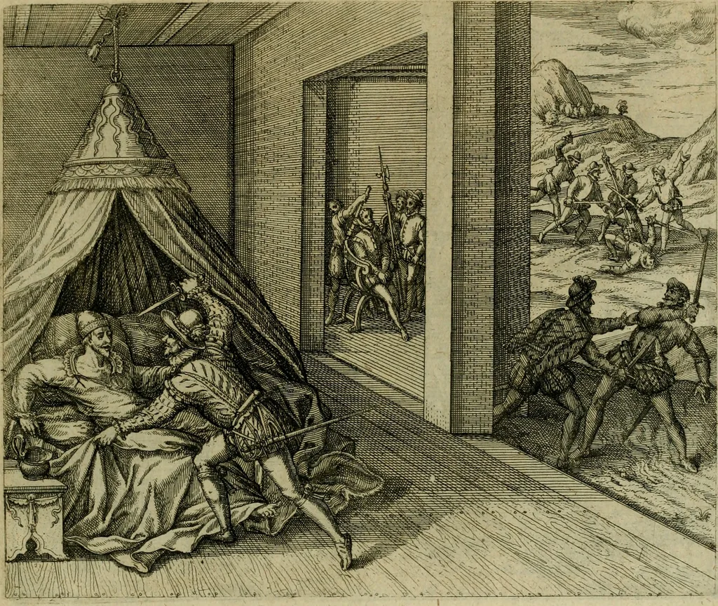 An illustration from Americae pars sexta, siue, Historiæ ab Hieronymo Bezono Mediolanese scriptæ, sectio tertia : res nõ minus nobiles & admiratione plenas continens, quàm præcedentes duæ : in hac enim reperies, qua ratione Hispani opuletissimas illas Peruäni regni prouincias occuparint, capto Rege Atabaliba : deide orta inter ipsos Hispanos in eo regno ciuilia bella : additus est breuis de fortunatis insulis cõmentariolus in duo capita distinctus : item additiones ad singula capita historiam illustrantes : accesit Perväni regni chorographica tabula ... : omnia elegantibus figuris in æs incisis expressa ;, 1596, leaf 148