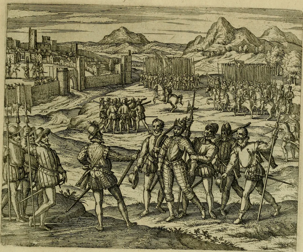 An illustration from Americae pars sexta, siue, Historiæ ab Hieronymo Bezono Mediolanese scriptæ, sectio tertia : res nõ minus nobiles & admiratione plenas continens, quàm præcedentes duæ : in hac enim reperies, qua ratione Hispani opuletissimas illas Peruäni regni prouincias occuparint, capto Rege Atabaliba : deide orta inter ipsos Hispanos in eo regno ciuilia bella : additus est breuis de fortunatis insulis cõmentariolus in duo capita distinctus : item additiones ad singula capita historiam illustrantes : accesit Perväni regni chorographica tabula ... : omnia elegantibus figuris in æs incisis expressa ;, 1596, leaf 152