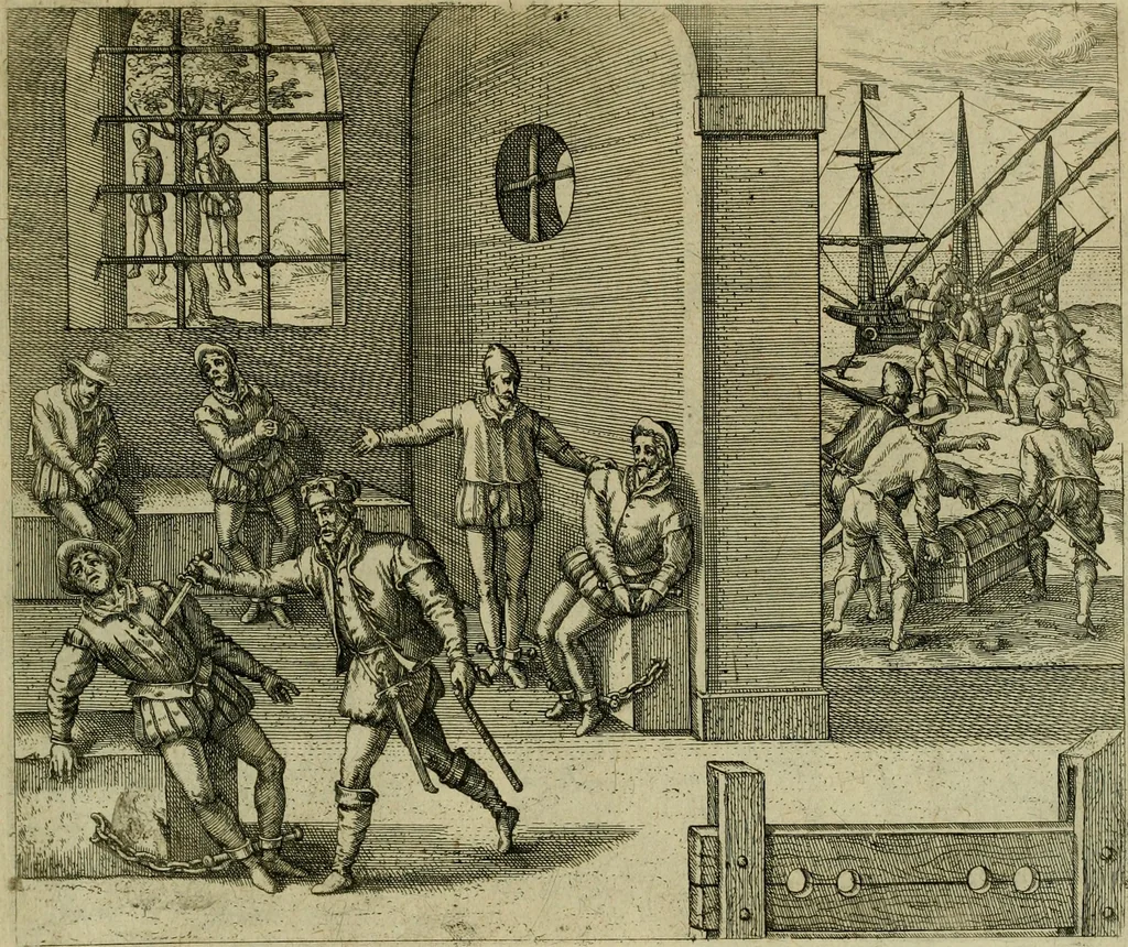 An illustration from Americae pars sexta, siue, Historiæ ab Hieronymo Bezono Mediolanese scriptæ, sectio tertia : res nõ minus nobiles & admiratione plenas continens, quàm præcedentes duæ : in hac enim reperies, qua ratione Hispani opuletissimas illas Peruäni regni prouincias occuparint, capto Rege Atabaliba : deide orta inter ipsos Hispanos in eo regno ciuilia bella : additus est breuis de fortunatis insulis cõmentariolus in duo capita distinctus : item additiones ad singula capita historiam illustrantes : accesit Perväni regni chorographica tabula ... : omnia elegantibus figuris in æs incisis expressa ;, 1596, leaf 154
