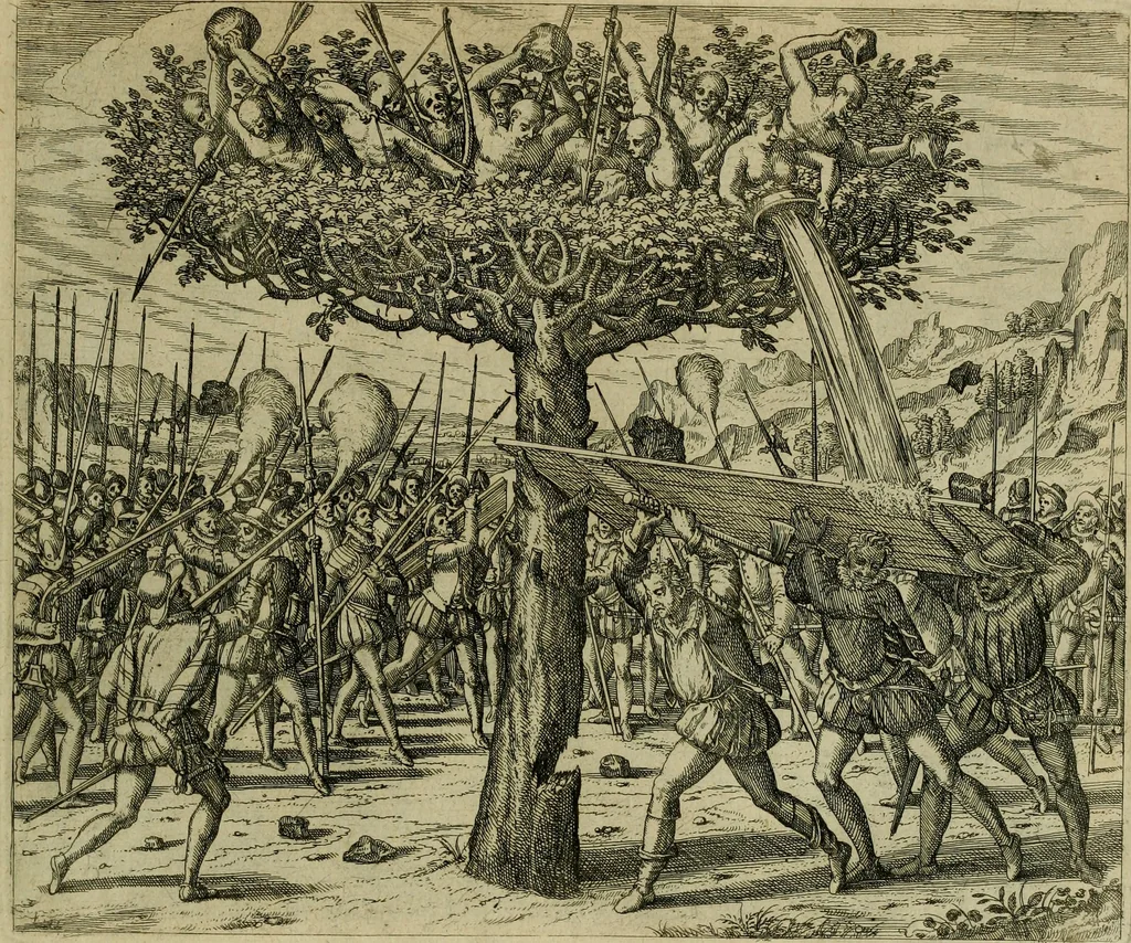 An illustration from Americae pars sexta, siue, Historiæ ab Hieronymo Bezono Mediolanese scriptæ, sectio tertia : res nõ minus nobiles & admiratione plenas continens, quàm præcedentes duæ : in hac enim reperies, qua ratione Hispani opuletissimas illas Peruäni regni prouincias occuparint, capto Rege Atabaliba : deide orta inter ipsos Hispanos in eo regno ciuilia bella : additus est breuis de fortunatis insulis cõmentariolus in duo capita distinctus : item additiones ad singula capita historiam illustrantes : accesit Perväni regni chorographica tabula ... : omnia elegantibus figuris in æs incisis expressa ;, 1596, leaf 156