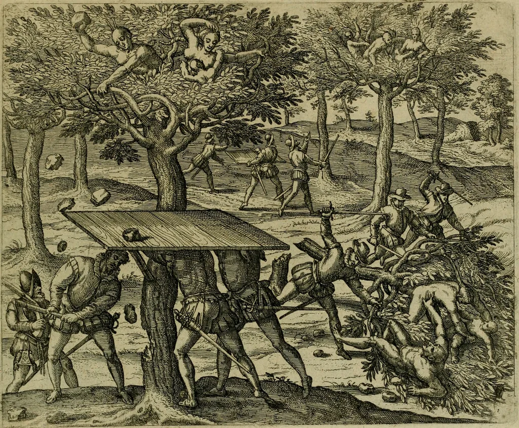 An illustration from Americae pars sexta, siue, Historiæ ab Hieronymo Bezono Mediolanese scriptæ, sectio tertia : res nõ minus nobiles & admiratione plenas continens, quàm præcedentes duæ : in hac enim reperies, qua ratione Hispani opuletissimas illas Peruäni regni prouincias occuparint, capto Rege Atabaliba : deide orta inter ipsos Hispanos in eo regno ciuilia bella : additus est breuis de fortunatis insulis cõmentariolus in duo capita distinctus : item additiones ad singula capita historiam illustrantes : accesit Perväni regni chorographica tabula ... : omnia elegantibus figuris in æs incisis expressa ;, 1596, leaf 158