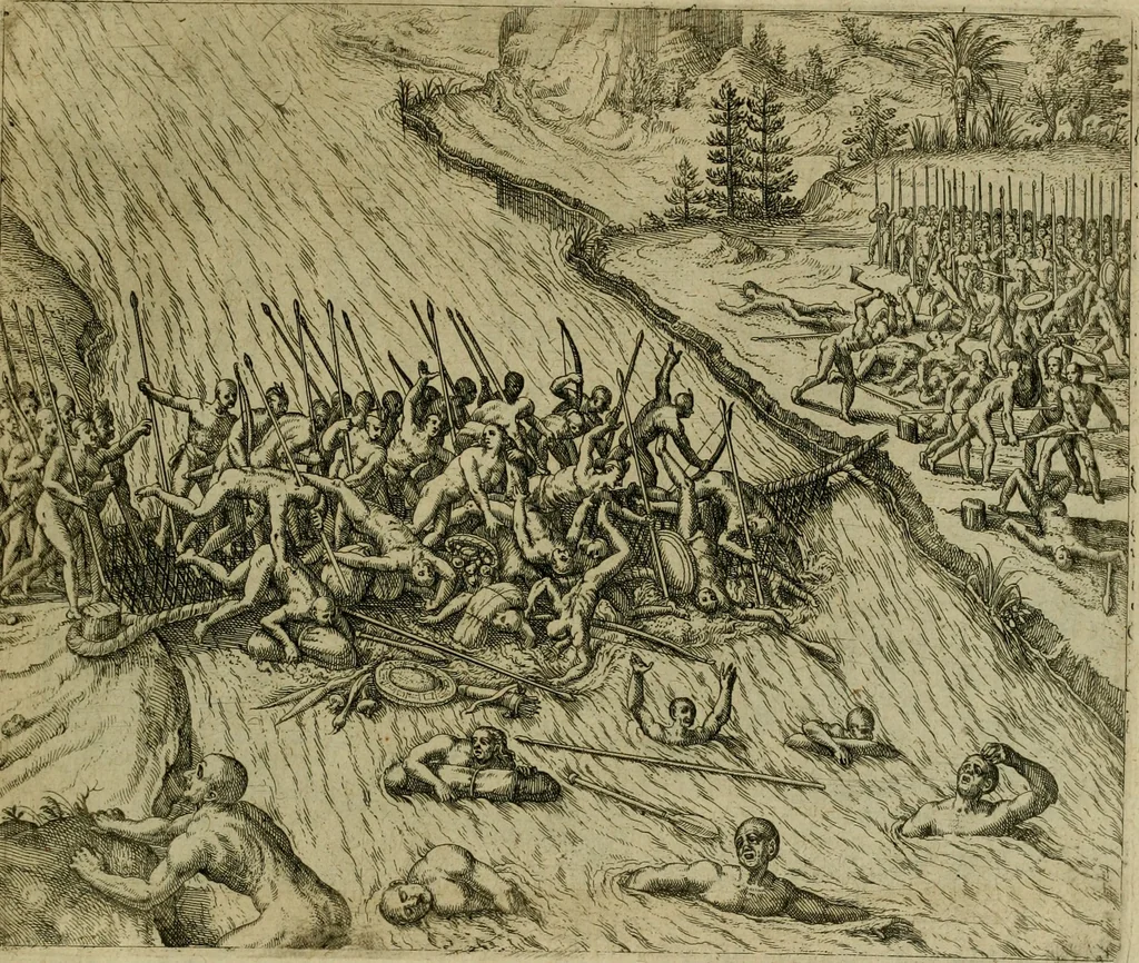 An illustration from Americae pars sexta, siue, Historiæ ab Hieronymo Bezono Mediolanese scriptæ, sectio tertia : res nõ minus nobiles & admiratione plenas continens, quàm præcedentes duæ : in hac enim reperies, qua ratione Hispani opuletissimas illas Peruäni regni prouincias occuparint, capto Rege Atabaliba : deide orta inter ipsos Hispanos in eo regno ciuilia bella : additus est breuis de fortunatis insulis cõmentariolus in duo capita distinctus : item additiones ad singula capita historiam illustrantes : accesit Perväni regni chorographica tabula ... : omnia elegantibus figuris in æs incisis expressa ;, 1596, leaf 160