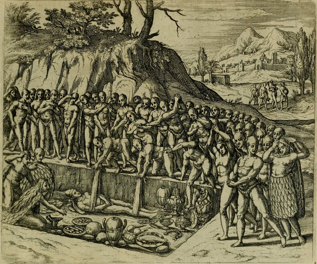 An illustration from Americae pars sexta, siue, Historiæ ab Hieronymo Bezono Mediolanese scriptæ, sectio tertia : res nõ minus nobiles & admiratione plenas continens, quàm præcedentes duæ : in hac enim reperies, qua ratione Hispani opuletissimas illas Peruäni regni prouincias occuparint, capto Rege Atabaliba : deide orta inter ipsos Hispanos in eo regno ciuilia bella : additus est breuis de fortunatis insulis cõmentariolus in duo capita distinctus : item additiones ad singula capita historiam illustrantes : accesit Perväni regni chorographica tabula ... : omnia elegantibus figuris in æs incisis expressa ;, 1596, leaf 162