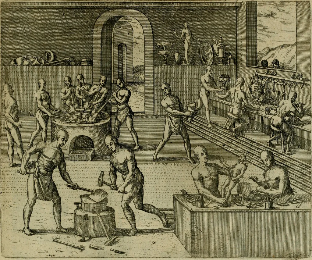 An illustration from Americae pars sexta, siue, Historiæ ab Hieronymo Bezono Mediolanese scriptæ, sectio tertia : res nõ minus nobiles & admiratione plenas continens, quàm præcedentes duæ : in hac enim reperies, qua ratione Hispani opuletissimas illas Peruäni regni prouincias occuparint, capto Rege Atabaliba : deide orta inter ipsos Hispanos in eo regno ciuilia bella : additus est breuis de fortunatis insulis cõmentariolus in duo capita distinctus : item additiones ad singula capita historiam illustrantes : accesit Perväni regni chorographica tabula ... : omnia elegantibus figuris in æs incisis expressa ;, 1596, leaf 164
