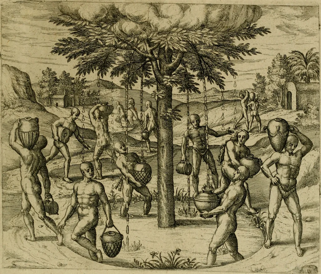 An illustration from Americae pars sexta, siue, Historiæ ab Hieronymo Bezono Mediolanese scriptæ, sectio tertia : res nõ minus nobiles & admiratione plenas continens, quàm præcedentes duæ : in hac enim reperies, qua ratione Hispani opuletissimas illas Peruäni regni prouincias occuparint, capto Rege Atabaliba : deide orta inter ipsos Hispanos in eo regno ciuilia bella : additus est breuis de fortunatis insulis cõmentariolus in duo capita distinctus : item additiones ad singula capita historiam illustrantes : accesit Perväni regni chorographica tabula ... : omnia elegantibus figuris in æs incisis expressa ;, 1596, leaf 166