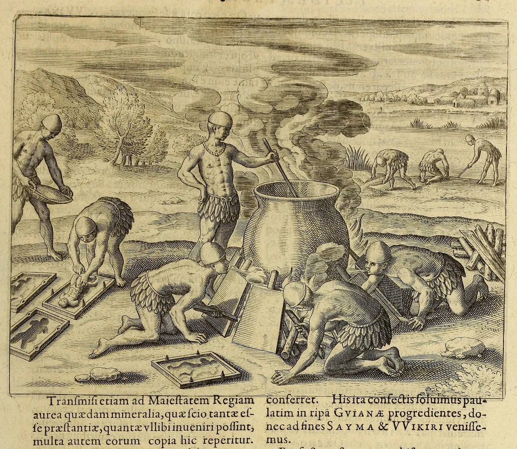 An illustration from Americae pars VIII. : Continens primo, Descriptionem trium itinerum nobilissimi et fortissimi equitis Francisci Draken, qui circumnauigato vniuerso terrarum orbe, postea copiis nauticis, ad expugnandum ciuitatem Panamam, in Indiam nauigauit. Secundo, iter nobilissimi equitis Thomae Candisch, qui duorum ferè annorum spacio, 13000. Anglicana miliaria in mari confecit, vbi describuntur quoque omnia quae in hoc itinere ipsi acciderunt & visa sunt. Tertio, duo itinera, nobilissimi & fortissimi equitis Gualtheri Ralech quibus describitur auriferum & potentissimum regnum Guiana, ad septentrionem fluminis Orenoque, alias Oregliana dicti, situm cum metropoli eius Manoa & Macuieguarai, aliisque finitimis regionibus & fluuis, mercibus item praestantissimis & mercatura, quae in regno hoc exercetur, cuius luculenta tabula geographica in fronte operis occurrit., 1625, leaf 101